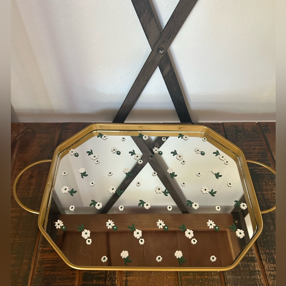 Target Bullseye Playground Floral And Gold Mirror Glass Tray Shabby Chic NEW